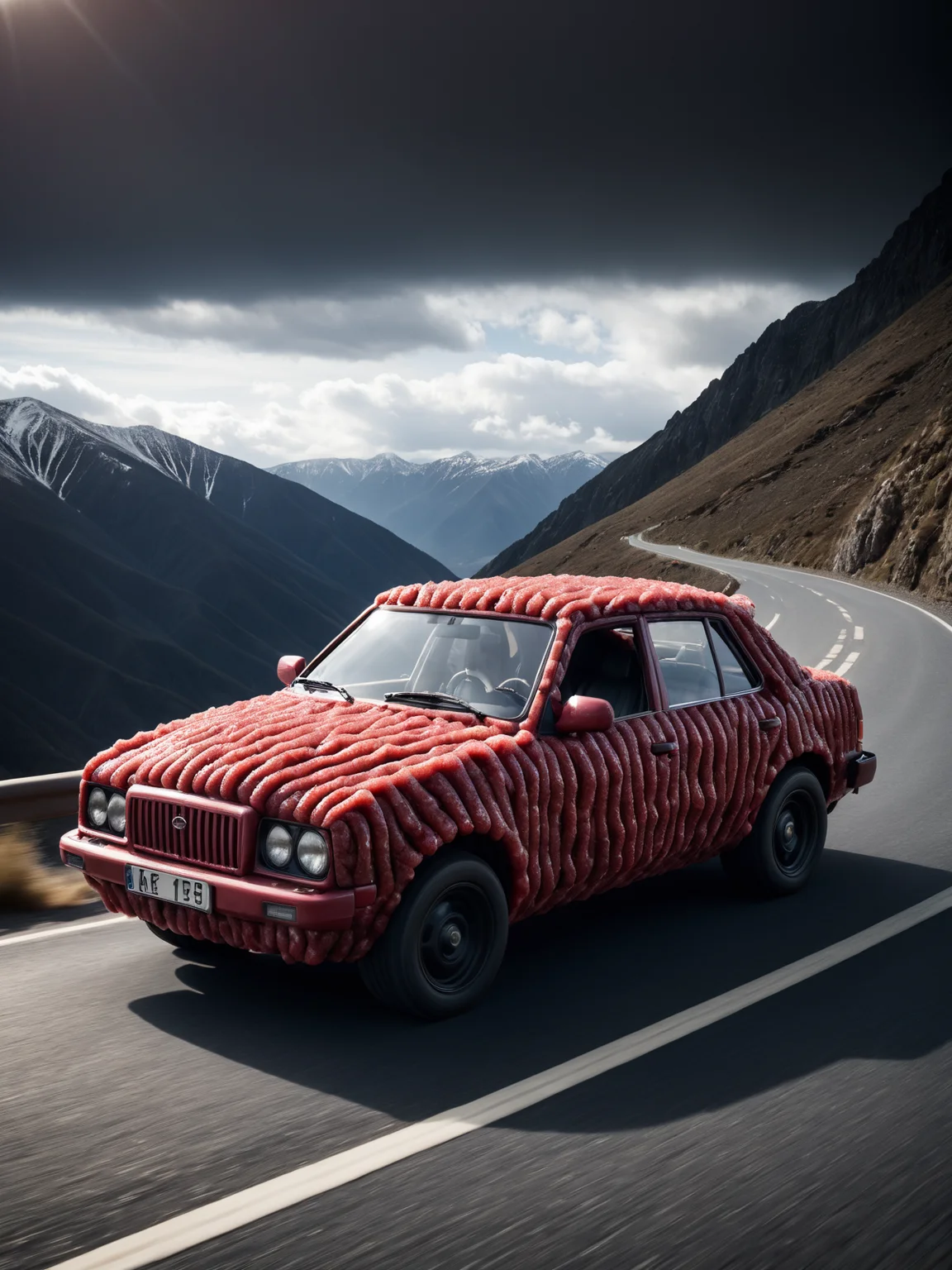 car made of mad-mince driving, darkened windows, through the mountains <lora:Alles_wird_aus_Hack_gemacht_SDXL:0.6>, (masterpiece:1.2), best quality