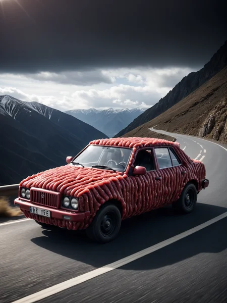 car made of mad-mince driving, darkened windows, through the mountains <lora:Alles_wird_aus_Hack_gemacht_SDXL:0.6>, (masterpiece:1.2), best quality