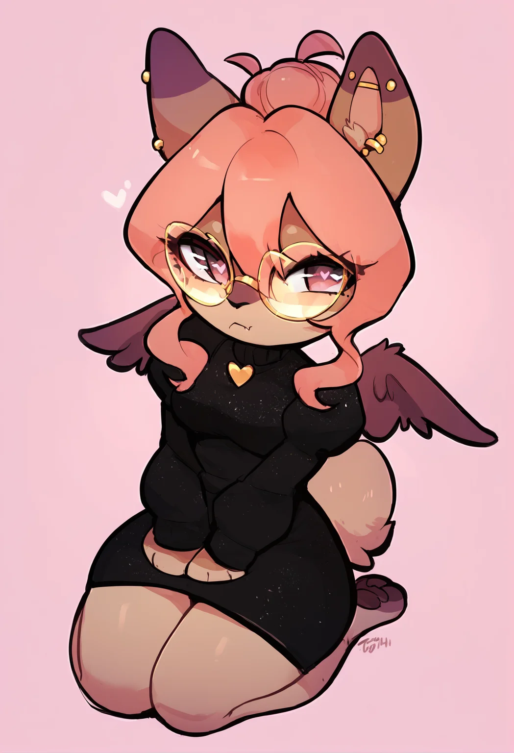 (score_9, score_8_up), score_7_up, score_6_up, score_5_up, score_4_up, Hazel Typh, 1girl, best quality, furry, brown fur, pink hair, animal ears, gold piercing, heart-shaped pupils, animal nose, pink eyes, hair bun, tail, wings, expressionless, closed mouth, fang, black dress, puffy sleeves, kneeling, on knees, pink background, looking at viewer, gold glasses, round glasses, <lora:Hazel_XL_Pony:1>, <lora:fluffydango-artist-richy-v1_pdxl:1>