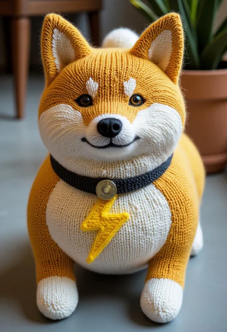 A shiba inu with a yellow lightningbolt symbol in its mouth, knitted style