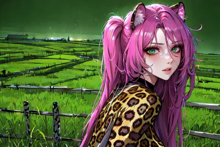 (otherworldly), highly insanely detailed, masterpiece, top quality, best quality, highres, 4k, 8k, RAW photo, (very aesthetic, beautiful and aesthetic), farm, fields, barn, fence, fantfa, <lora:FantasyFarm-10:0.5>,
1girl,
(leopard print hair ),
(neon green background,neon magenta background ),âââ