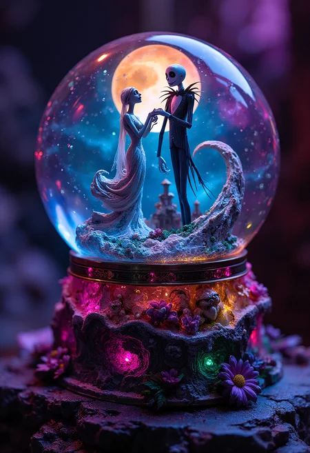 A Nightmare before Christmas snow globe, vibrant glow