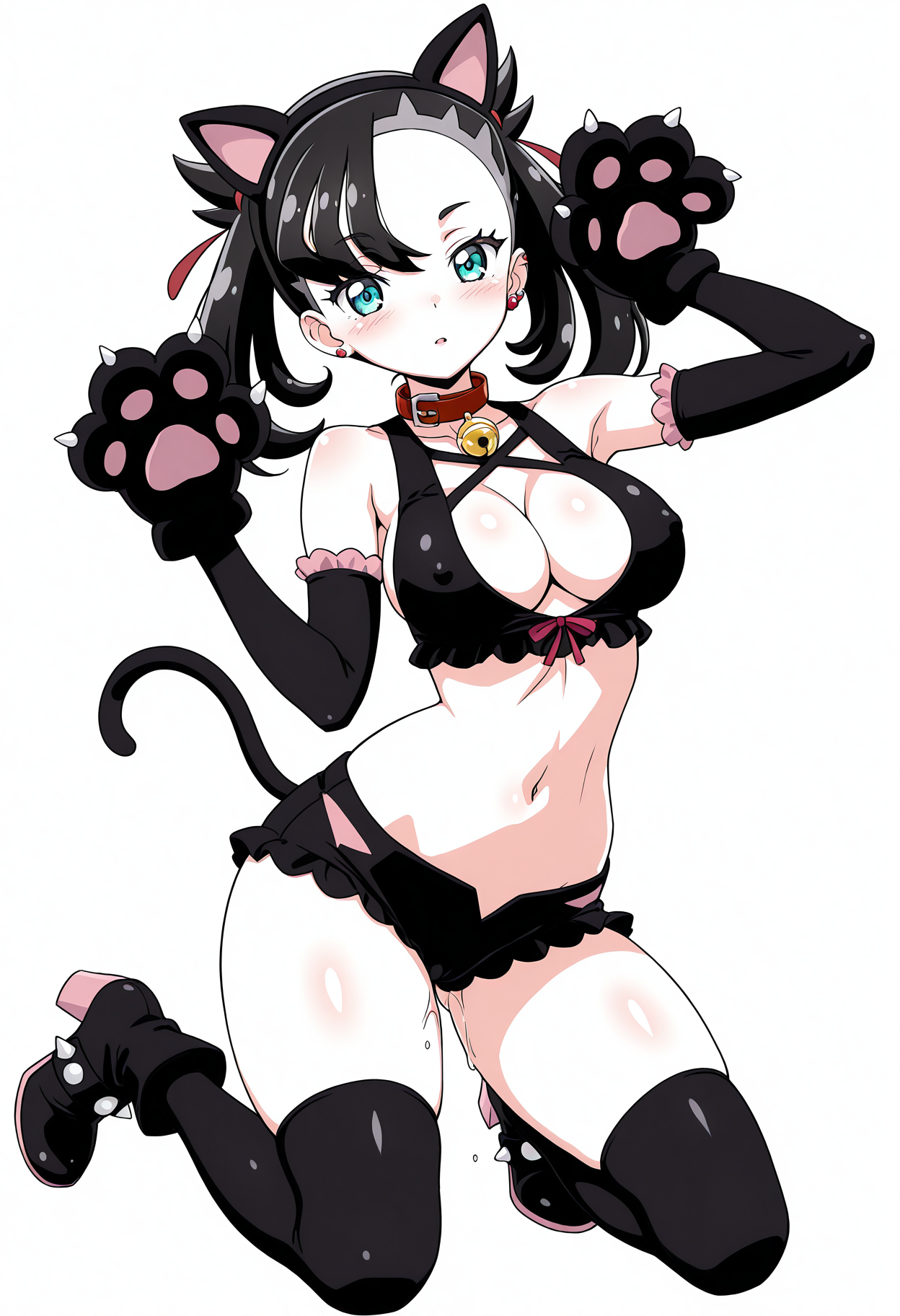 score_9, score_8_up, score_7_up,masterpiece, <lora:Pubic hair slider IXL_alpha1.0_rank4_full_last:-3>, solo, 1girl,
<lora:Kousaka_Jun_Style_Illustrious:1.2>, kousakajun, masterpiece, best quality, (anime eyes in the style of kousakajun:2), illustration, colored lineart
,
(medium hair, hair behind ear):1.5, fake animal ears, black cat tail, black hairband, neck bell, red collar, cross-laced top, black crop top, frilled shirt, center opening, innerboob, cleavage, paw gloves, elbow gloves, black gloves, frilled sleeves, frilled shorts, black shorts, short shorts, two-tone belt, navel, linea alba, midriff, black thighhighs, purple knee boots, velcro footwear, (3/4 view, pussy juice), sexy pose
, 
kitchen background, detailed background,
( <lora:marnie_pokemon_illust_scarxzys:1> marnie (pokemon), (aqua eyes:1.5), black hair, hair ribbon, twintails, red ribbon , asymmetrical bangs, earrings, medium hair, asymmetrical hair, jewelry, undercut)
,   <lora:Thighs slider IXL4_alpha16.0_rank32_full_last:1.4> , erect nipples, showing nipples, big breasts, 1girl , detailed background, lighting, shadows