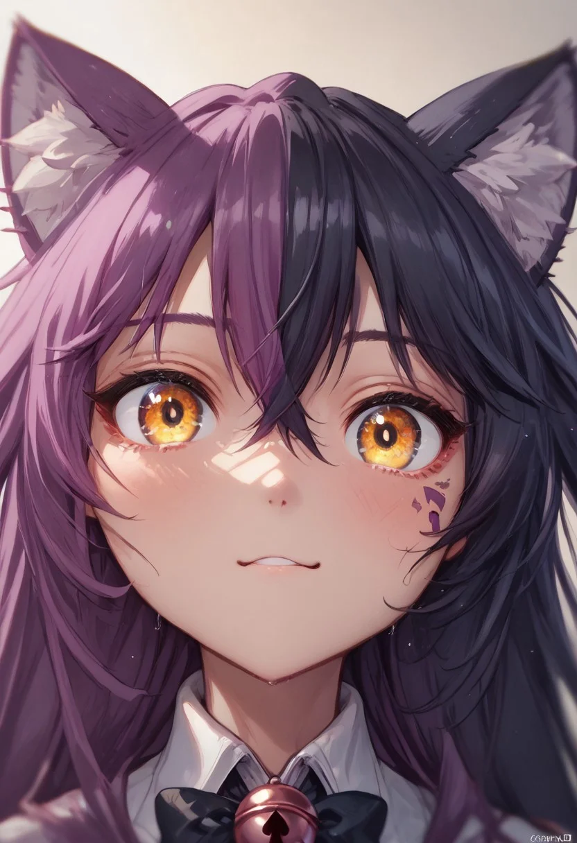 score_9, score_8_up, score_7_up, CheshireMGE, two-tone hair, purple hair, black hair, long hair, hair bow, facial mark, ear fluff, looking at viewer,  yellow eyes, large eyes, smile, chin, ((face only)), face focus, extreme close-up, desaturated, noise, blur, low contrast, wet, detail1eye, purple shirt, detached collar, black bowtie, neck bell, cat ears