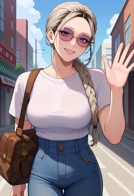 score_9, score_8_up, score_7_up, anime screencap, source_anime, 1girl, solo,
<lora:Tao_Saotome_Gokurakugai_V1:.85>, KJOtao, grey hair, multicolored hair, pale purple eyes, long hair, mole under eye, forehead, braided ponytail,
high waist jeans, t-shirt, brown bag, ponytail, sunglasses, black sunglasses,
smile, waving, head tilt, blush, looking at viewer,
city, street,
(Beautiful, medium Breasts:1.2), mature female,