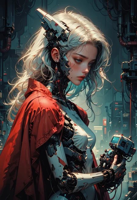 (score_9,score_8_up,score_7_up,), zPDXL, 1girl, doll like, long blue white hair, half closed eyes, sad, (holding a robot:1), holding, red cape, white armor, machinery, science fiction, cable, robot joints, cyberpunk, mechanical parts, radio antenna, intricate details, atmosphere has strong visual impact and striking details, cinematic, realistic, photo, realistic, Retro Futuristic Image, knva, halftone effect, <lora:Kenva:0.5> <lora:Futuristic_Retro_Vibes:0.5> <lora:cultistexl:0.6>