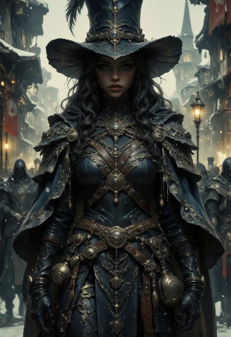 An atmospheric and powerful dark fantasy, natural organic and impressionist classical-style painting of a dark-skinned female elf inquisitor with forest green eyes and a braided hairstyle wearing a long intricate dark cloak. she wears a serious expression to match her delicately woven and intricately adorned silver trimmed studded leather coat and cape. her leather clothes adorned with straps, belts, skull symbols, buckles, silver blade, shadowed face, imperial seal, flasks, large feather in hat, wide brimmed tall hat, chains. Her eyes cast a menacing glow as she walks through the city streets causing many to stare as she passes. winter, occult atmosphere, dark lighting, shadows