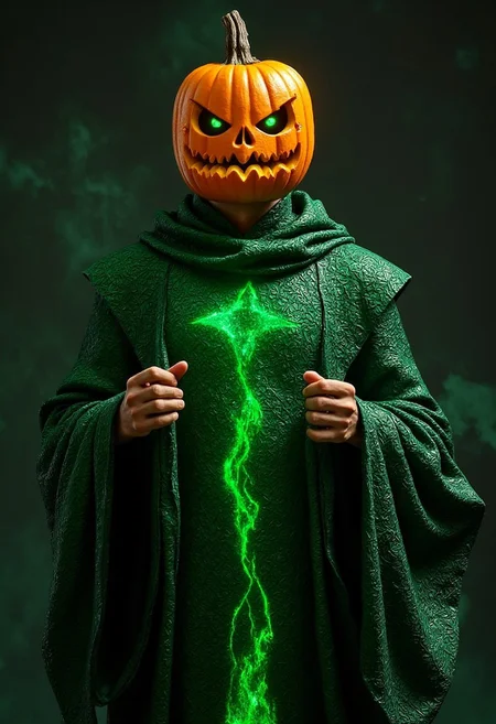 The mysterious and ethereal Pumpkin Man has a pumpkin face and a pair of sharp green eyes that radiate wisdom. He is a pumpkin-incarnated man with a mysterious expression and a neatly trimmed beard. He wears a robe from the Star Wars movie with a glowing dark green luxurious pattern, full of shining mystery.