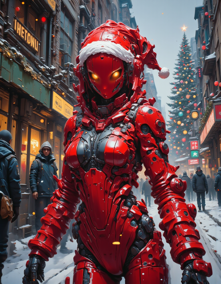 nistyle,  concept art Girl in red oily latex, red helmet, covered face, pixel eye, dynamics, digital artwork, illustrative, painterly, matte painting, highly detailed,  mechanical , Christmas Theme , christmas mood,magical christmas, a highly detailed, digital illustration in a whimsical, festive style, max details, in a Christmas street, Christmas tree, santa_hat , full body,
<lora:flux.1_lora_flyway_Epic-detail_v2:0.5>
<lora:CPA:0.7>
<lora:test2:0.7> ,  <lora:Christmas_Dreams:0.9>, <lora:flux.1_lora_ink-dynamic:0.4> , <lora:aidmaImageUpraderv0.3:0.5>