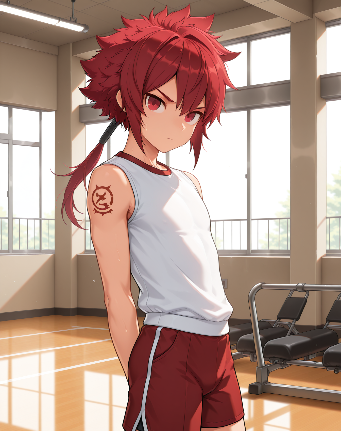 masterpiece,best quality,amazing quality, newest, very aesthetic, absurdres,
1boy, solo, yaoi, male focus, looking at viewer, cowboy shot, standing,
<lora:Elsword_Rune_Slayer_ilxl:1> elswordrs, red hair, red eyes, arm tattoo, spiked hair, ponytail, long hair,
gym uniform, gym shorts, gym shirt,
indoors, gym,