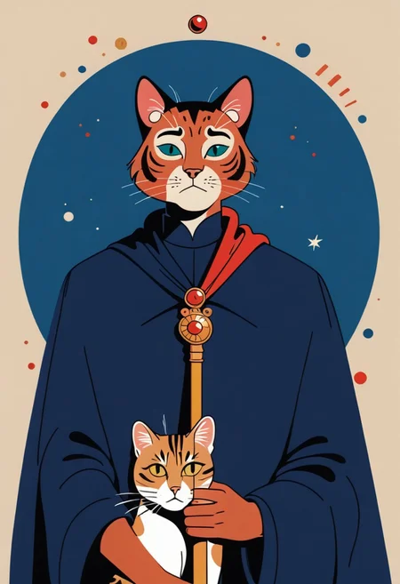 score_9, score_8_up, score_7_up, solo, 1 cat, easynegative, catman, staff, memphis corporate design, flat art, flat coloring, simple, vector art, corporate art, cel shading, cel shaded, Vector Cartoon Illustration, cat, catman, man with cat head, red furr cat, red furr, dark blue mantle, beige backgound,