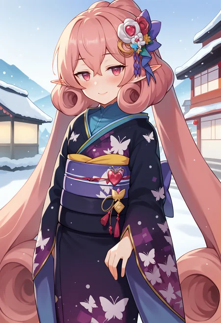 score_9, score_7_up, hd, (ultra hd quality details), source_anime, outdoors, snow, village,
solo, 1girl, nenekapcr, pointy ears, very long hair, curly hair, twintails,
nnknewyear, hair flower, ponytail, gem, kimono, print kimono, butterfly print, obi, sash,
looking at viewer, blush, half-closed eyes, smile,
standing,
<lora:_neneka_pcr-elesico-ponyr1:1>