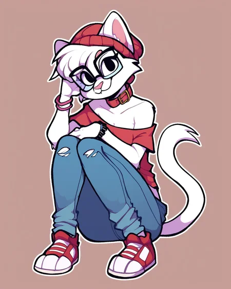 score_9_up, score_8_up, score_7_up, score_6_up, by remanedur, cat, short hair, furry female, female, furry, black eyes, red collar, bracelet, glasses, rectangular glasses, white body, white fur, white hair, ears through headwear, looking at viewer, solo, smile, happy, three-quarter view, head tilt, beanie, red beanie, off shoulder, jeans, torn jeans, tail, sneakers, simple background, white outline, <lora:PDXL_artist_tags_v2_big:0.2> <lora:Gaby_senorkah:0.5>