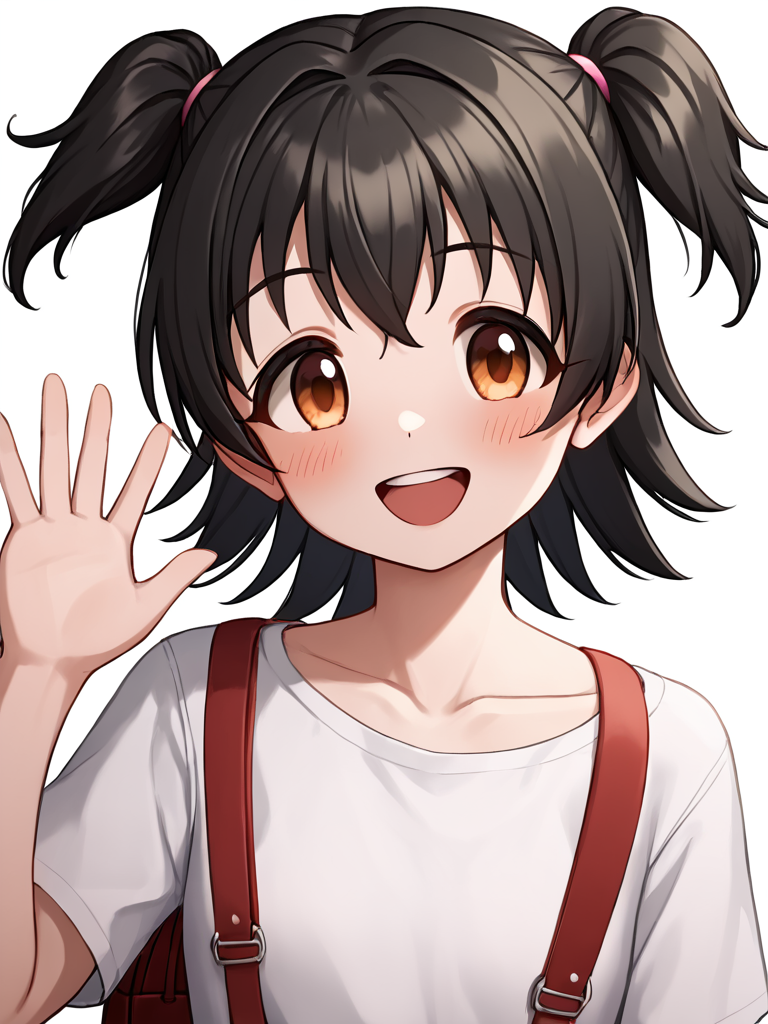 score_9,score_8_up,score_7_up, <lora:idolmaster_cinderella_all:1>ï¼1girl, absurdres, akagi miria, black hair, blush, collarbone, commentary request, highres, holding strap, looking at viewer, one side up, randoseru, red bag, simple background, smile, solo, upper body, upper teeth only, waving, white background