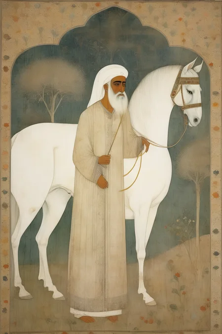 <lora:Simone Martini Style:1>Simone Martini Style - ancient Persian priest holds a white horse by the reigns, in the style of Abanindranath Tagore