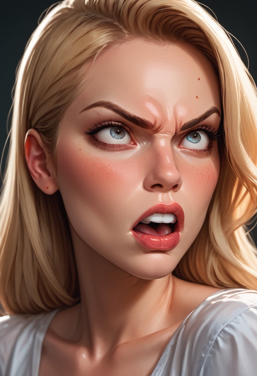 score_9, score_8_up, score_7_up, BREAK,  extreme close up of face of  blonde heretic cute face lora. she looks angry and is shouting