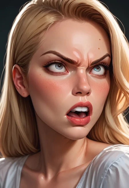 score_9, score_8_up, score_7_up, BREAK, extreme close up of face of blonde heretic cute face lora. she looks angry and is shouting