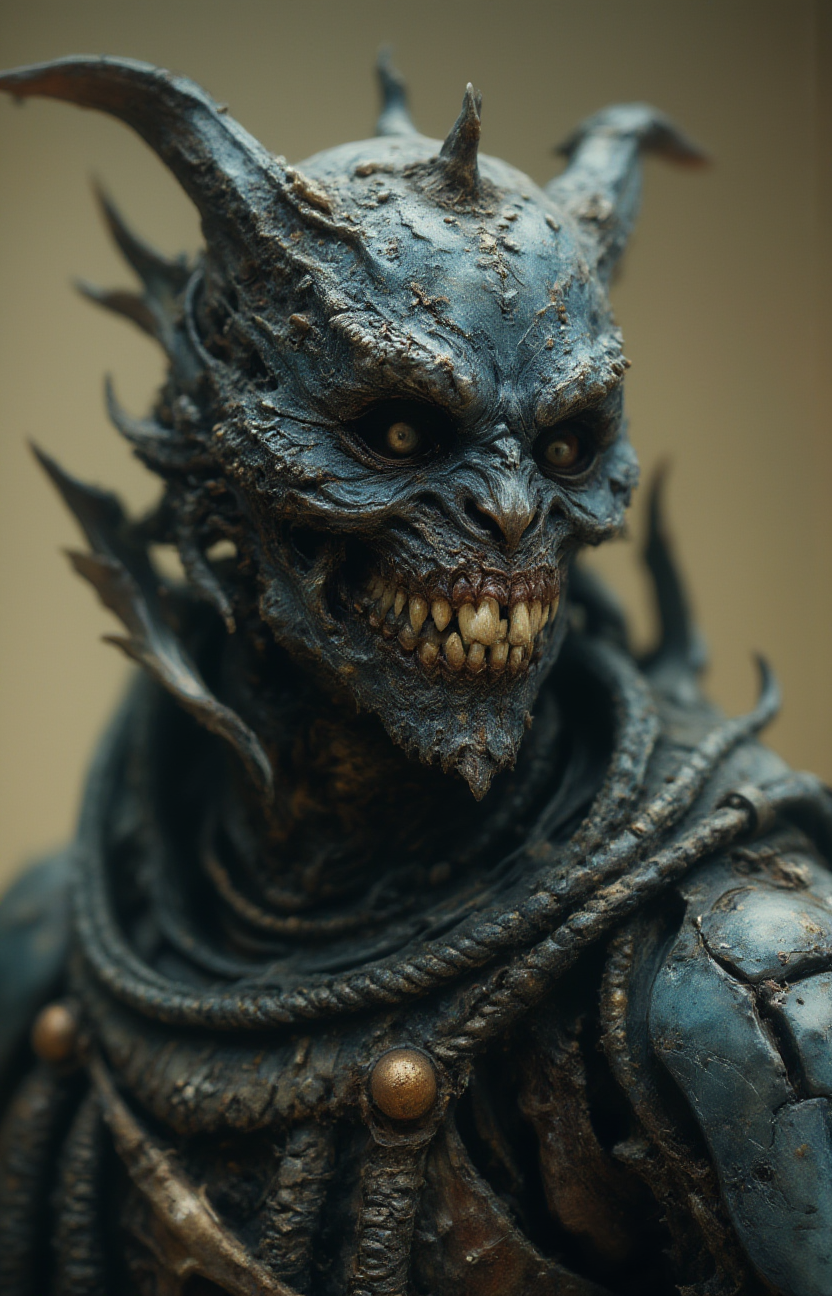 a human toothy smiling while wearing a mechanical costume, <lora:- Flux1 - soothing_atmo_V2.0:.8>