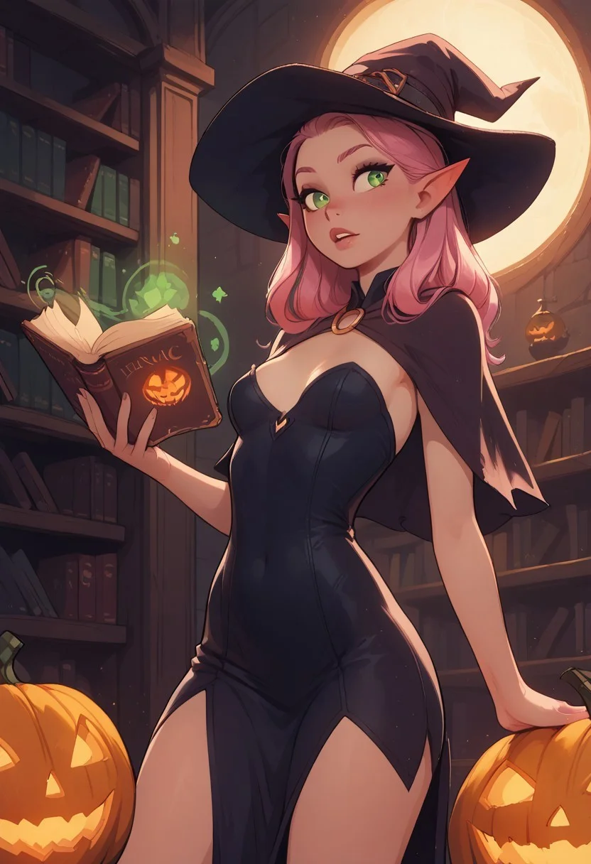 safe_pos, score_9, score_8_up, score_8, 1 elf girl, solo, sexy witch girl, perfect face, thick eyeliner, small breasts, long pink hair, green eyes, witch outfit, indoors, library, cowboy shot, (casting magic spell), holding book, magic aura, glowing particles, dynamic pose, detailed background, dynamic angle, volumetric lighting, cinematic lighting, jack o lantern in background