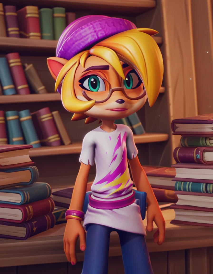 score_9, score_8_up, score_7_up, source_anime, <lora:coco-bandicoot-totally-tubular-ingame4-ponyxl-lora-nochekaiser:1>, coco bandicoot, short hair, blonde hair, green eyes, pointy ears, furry, 3d, shirt, hat, torn clothes, striped shirt, pants, library, reading books, glasses, quiet, focused, shelves of books, , looking at viewer, hands behind back, bent over,, solo,, cowboy shot, dutch angle,