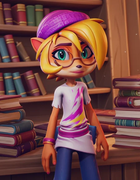 score_9, score_8_up, score_7_up, source_anime, <lora:coco-bandicoot-totally-tubular-ingame4-ponyxl-lora-nochekaiser:1>, coco bandicoot, short hair, blonde hair, green eyes, pointy ears, furry, 3d, shirt, hat, torn clothes, striped shirt, pants, library, reading books, glasses, quiet, focused, shelves of books, , looking at viewer, hands behind back, bent over,, solo,, cowboy shot, dutch angle,