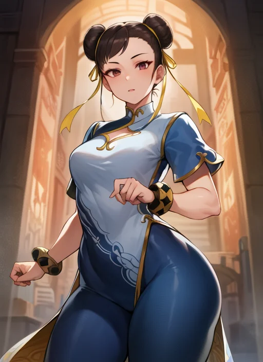 (masterpiece, best quality, high resolution), (illustration:1.0), extremely detailed face, perfect lighting, (perfect hands,perfect anatomy), (1girl, solo:1.5), glowing skin and perfect symmetrical pretty face ,cowboy shot, chunlims, hair bun, double bun, eyeshadow, makeup, chinese clothes, pelvic curtain, solo, dress, bracelet, ribbon, pants, blue pants, makeup, short sleeves, wide hips, thick thighs, <lora:ChunliMS:1>,