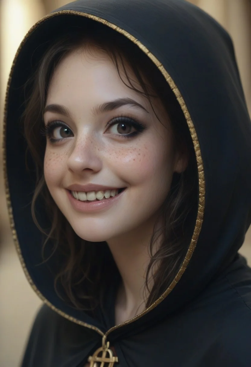 masterpiece, hyperrealistic, epicRealism, UHD, 8k, photography, dark makeup, beautiful, beautiful eyes, long eyelashes, freckles, detailed mouth and eyes, side view, turned to look at viewer, perfect teeth, detailed lips, black lipstick, detailed face, perfect and delicate hands, gorgeous girl, cute face, petite, smile, big smile, blackened teeth, dark eyeliner, beautiful woman, freckles, pale, pale skin, close-up view, dark fantasy art style, a young female lich looking mysteriously at the viewer, wearing a black cape with a hood embroidered with golden runes, hood up keeping her face in shadows, gold trimmed hood, rotten teeth, dark church background, low key,white long and messy hair