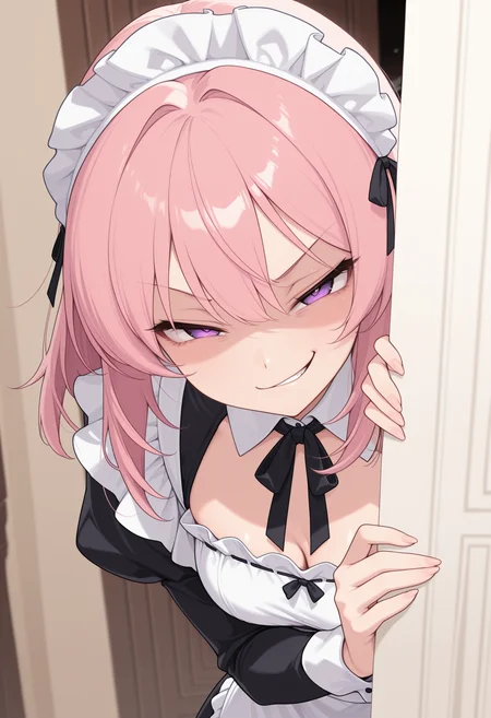 masterpiece,best quality,amazing quality, CivChan, purple eyes, pink hair, peeking out, wall, looking at viewer, maid, smirk,medium hair,
<lora:CivChan:1>