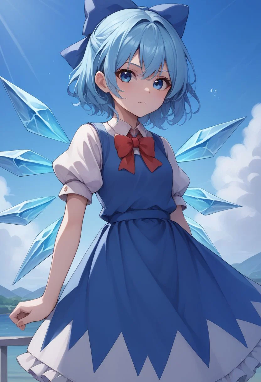 score_9, score_8_up, source_anime, highly detailed,
cirno, 1girl, solo, blue eyes, wings, blue hair, ice wings, ice, short sleeves, bow, blue bow, blue dress, puffy sleeves, akanbe,
puffy short sleeves
outdoor,