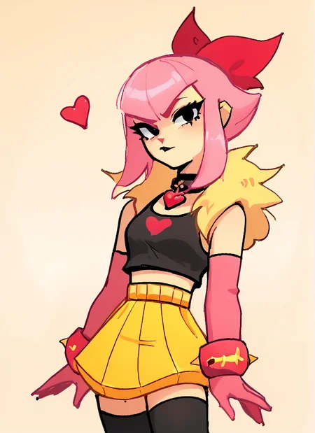 score_9, score_8_up, score_7_up, <lora:bsmelodie:1> bsmelodie , fur trim , 1girl, solo , pink hair, hair bow ,black collar ,neck heart ,black shirt, crop top, bare shoulders, elbow gloves, pink gloves, yellow bracelet , yellow skirt , black thighhighs , looking at viewer, <lora:SyrupyyyArt:1>syrupyyy