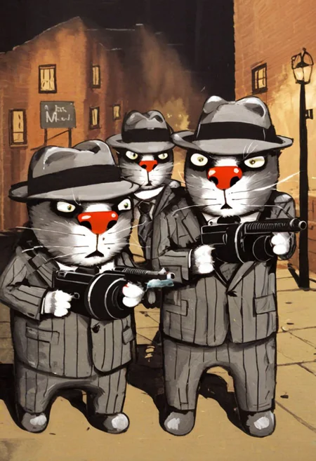 three cartoon cats wearing striped suits and fedoras in an alleyway with machine guns, tmmygn, cartoon, mafia, mobsters,