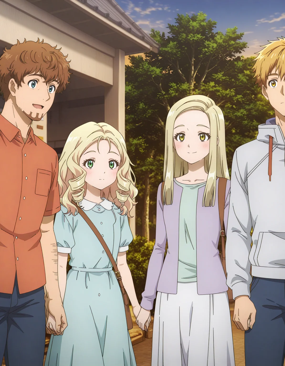 anime artwork  <lora:Hyper-SDXL-8steps-lora:1>,
masterpiece,best quality,highres,source_anime,anime screencap,anime coloring,megami magazine,,shiny skin,
<lora:medalist_IL:1>
,2boys,2girls,(Holding hands:1.5), standing, side-by-side,  4people,cowboy shot, 
[SEP]
,2boys,2girls,(Holding hands:1.5), standing, side-by-side,  4people,cowboy shot, 
trigger medalist, md_kago_kouichi, , short hair, blue eyes, shirt, blonde hair, brown hair, , short sleeves,collared shirt, ,, red shirt, beard, pocket, , stubble, goatee, orange shirt,arm hair,smile,
[SEP]
,2boys,2girls,(Holding hands:1.5), standing, side-by-side,  4people, looking at another, cowboy shot, 
trigger medalist,(md_kago_you:1), 1girl, long hair, shirt, blonde hair, , , green eyes, , looking at another, facial hair, blue dress, drill hair, ,  , twin drills,curly hair, , aqua dress,
[SEP]
,2boys,2girls,(Holding hands:1.5), standing, side-by-side,  4people,cowboy shot, 
trigger medalist, md_kago_meiko, long hair, shirt, blonde hair, long sleeves, , jacket, yellow eyes,
outdoors, sky, bag, tree, shoulder bag, handbag, purple cardigan,
(white skirt:1.1), smile,
[SEP]
,2boys,2girls,(Holding hands:1.5), standing, side-by-side,  4people,cowboy shot, looking at another, 
md_akeuraji_tsukasa, short hair, shirt, jacket, white shirt, yellow eyes, , pants, hood, hooded jacket, , grey jacket, jeans, blue pants,
long sleeves, , bulge crotch, . anime style, key visual, vibrant, studio anime,  highly detailed