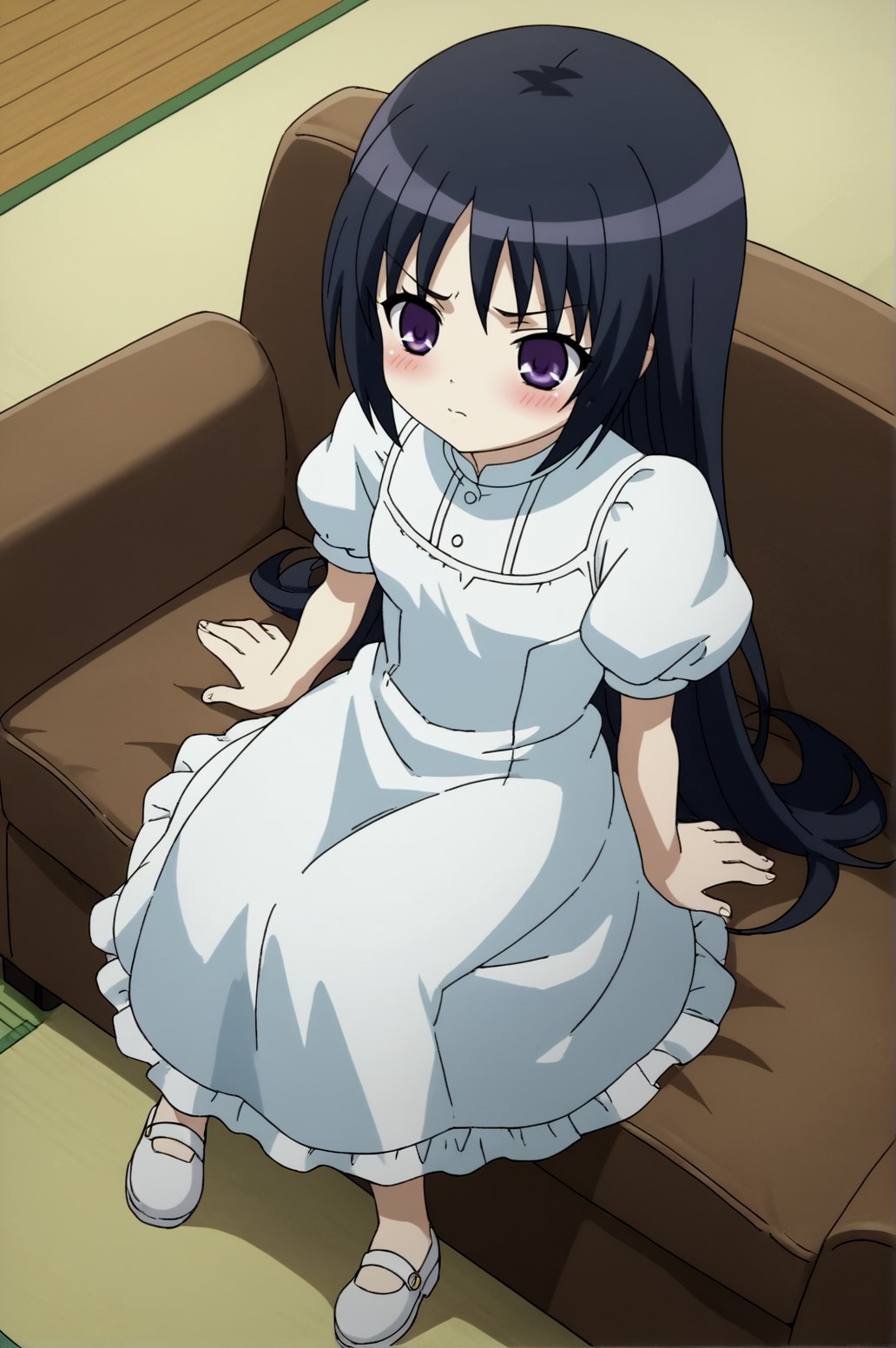 score_9, score_8_up, score_7_up,anime_source, source_anime, best background, detailed background, anime screencap,  Mana, blush, horny, doggystyle, indoors, sitting, sofa, white dress, full body, dynamic angle,  <lora:JN_ookami_kakushi:0.8>