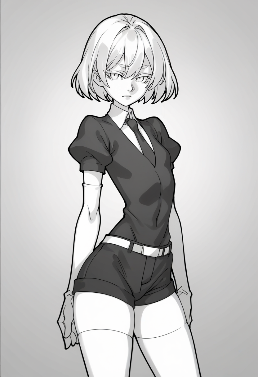 score_9, score_8_up, score_7_up, source_anime BREAK 1girl, solo, <lora:daicombo-artist-richy-v1_pdxl:1> standing, monochrome, greyscale, <lora:Hoseki_HousekiNoKuni_Diamond_PDXL_v1:0.7> hskdmnd, white eyelashes, short hair, black shirt, puffy short sleeves, collared shirt, black necktie, elbow gloves, white gloves, black shorts, white thighhighs,