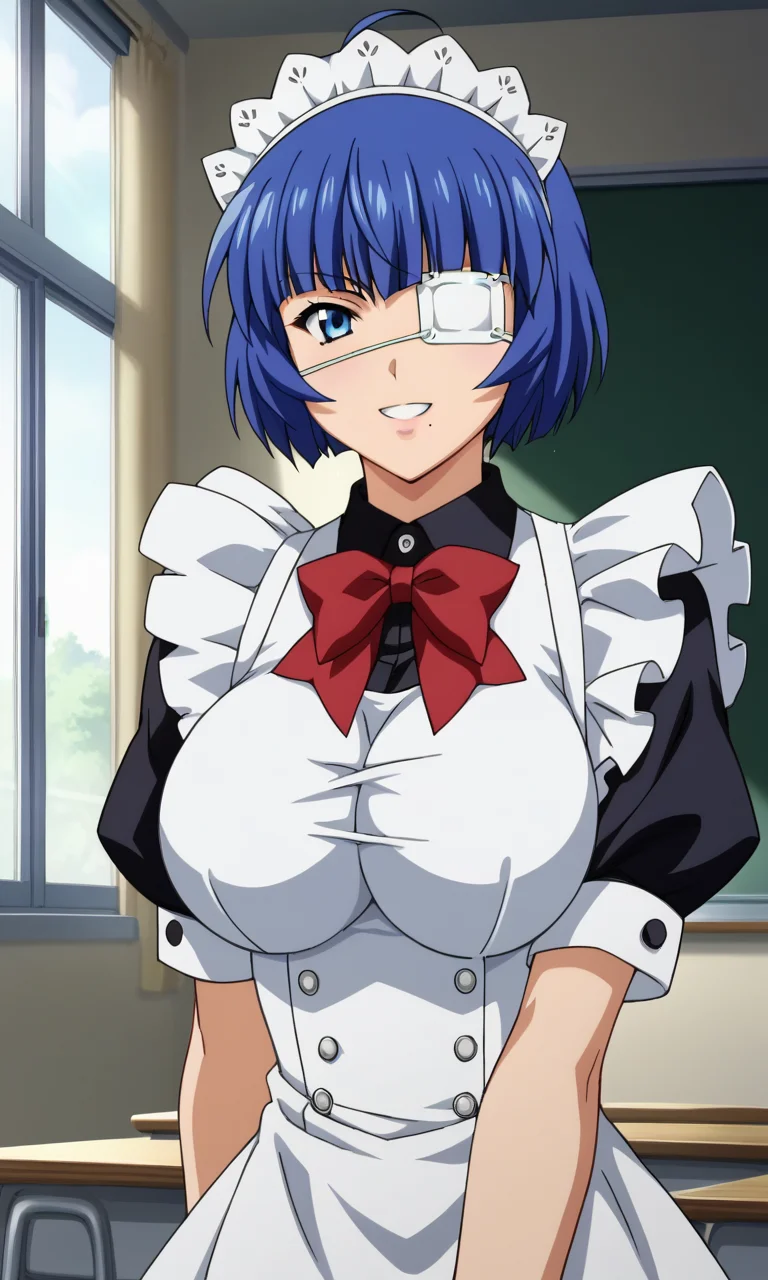 score_9, score_8_up, score_7_up, source_anime, anime screencap, intricate details, <lora:ryomou_shimei:1> ryomoxl, short hair, ahoge, blue hair, medical eyepatch, one mole under mouth, blue eyes, large breasts, maid, maid headdress, red neck ribbon, smile, looking at viewer, close-up, classroom