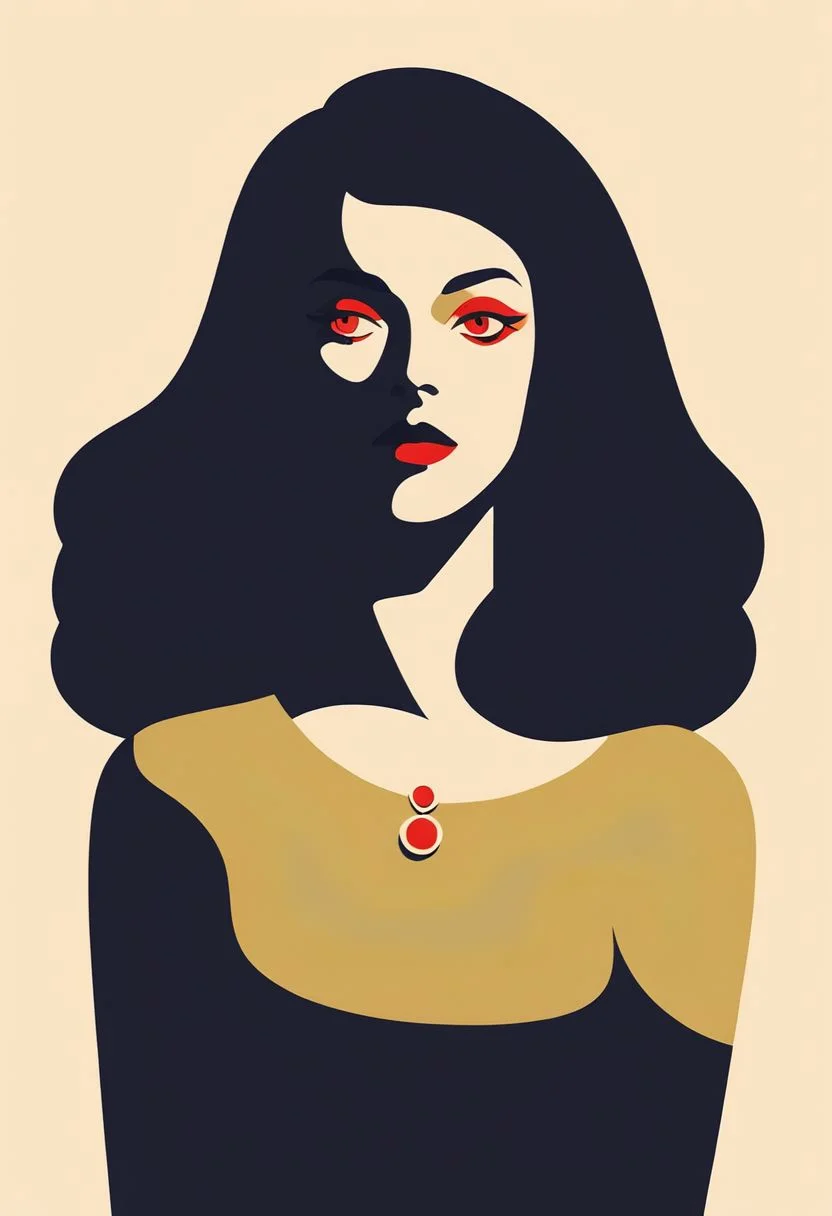 vztdzsxx, a flat style vector illustration, 1girl, solo, shirt, medium breasts, jewellery, yellow theme, limited palette, black hair, red eyes, makeup, upper body, portrait, flat color, vector art, illustration, vector illustration, cel shading, simple coloring, score_9, score_8_up, score_7_up, score_6_up, score_5_up, score_4_up