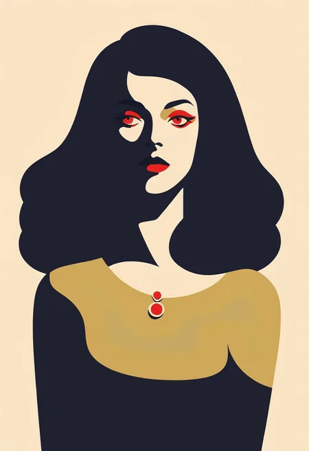 vztdzsxx, a flat style vector illustration, 1girl, solo, shirt, medium breasts, jewellery, yellow theme, limited palette, black hair, red eyes, makeup, upper body, portrait, flat color, vector art, illustration, vector illustration, cel shading, simple coloring, score_9, score_8_up, score_7_up, score_6_up, score_5_up, score_4_up