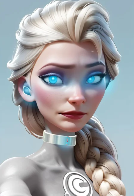 score_9, score_8_up,score_7_up, score_6_up, score_5_up, score_4_up,
solo, cybus_drone, silver skin, cybus chest logo, tech collar, glowing blue eyes, cybernetic earbuds, w00f, simple background, blank eyes, d3t41l3d, ElsaXPL, single braid over shoulder, reaching towords viewer,