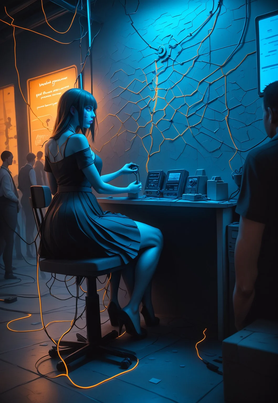 embedding:urn:air:sd1:embedding:civitai:222256@250708, end_tripwire_morph, cyberpunk, made of electrical cables, an electrical cable sculpture, 1girl, solo, formal, dress, short sleeves, bare shoulders, long hair, dress made out of electrical cables, covered in electrical cables, bound, monochrome, sitting, medium breasts, box, neon, wires, made of wires, cables, outlined with wires and neon, neon outlines, wire sculpture, neon wire sculpture, indoors, wires, made of wires, cables, outlined with wires, wire sculpture, neon wire sculpture, gradient overlay, embedding:urn:air:pony:embedding:civitai:384756@563234