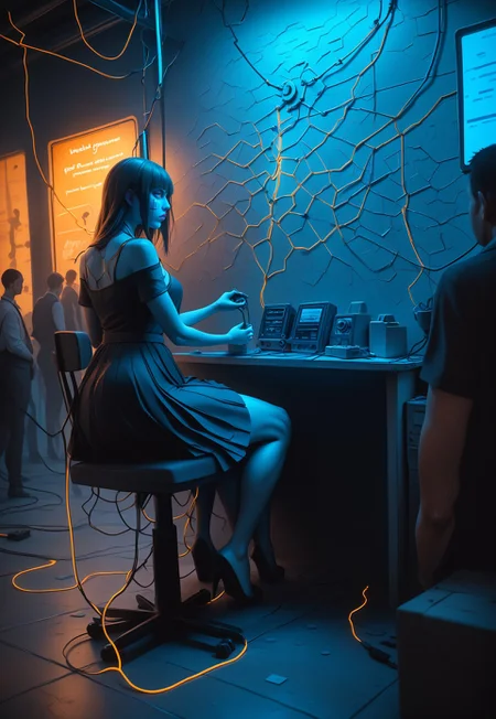 embedding:urn:air:sd1:embedding:civitai:222256@250708, end_tripwire_morph, cyberpunk, made of electrical cables, an electrical cable sculpture, 1girl, solo, formal, dress, short sleeves, bare shoulders, long hair, dress made out of electrical cables, covered in electrical cables, bound, monochrome, sitting, medium breasts, box, neon, wires, made of wires, cables, outlined with wires and neon, neon outlines, wire sculpture, neon wire sculpture, indoors, wires, made of wires, cables, outlined with wires, wire sculpture, neon wire sculpture, gradient overlay, embedding:urn:air:pony:embedding:civitai:384756@563234