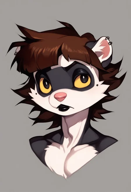 score_9, score_8_up, score_7_up, score_6_up, solo, anthro furry furry male ferret, brown hair, blunt bangs, black eyes, yellow sklera, eyeliner, black lips, mole, pale, portrait <lora:Trad_Goth_test:1.5> <lora:[GP] somethingweird [Pony XL]:1>
