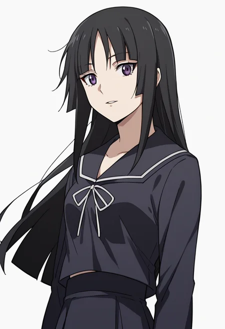 score_9, score_8_up, score_7_up, source_anime, rating_safe, <lora:i_yomi_PONY-100009:1.0> i_yomi, 1girl, solo, long hair, black hair, hime cut, purple eyes, parted lips, light smile, black serafuku, yomi school uniform, skirt, black skirt, anime coloring, white background,