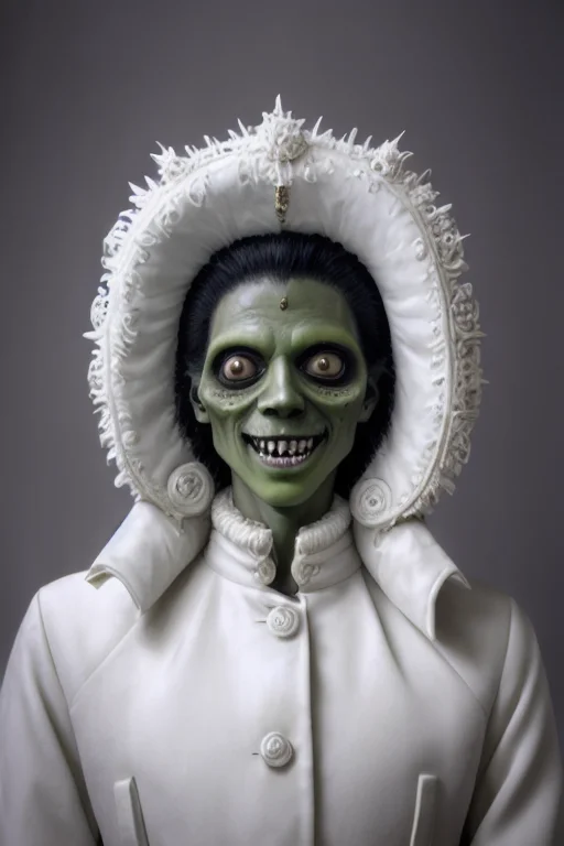 mjthriller portrait of smiling zombie in a very elegant white puffer coat, intricate detail, detailed face, very sharp, high quality, professional photography  <lora:hjmjthriller_v10:0.7>