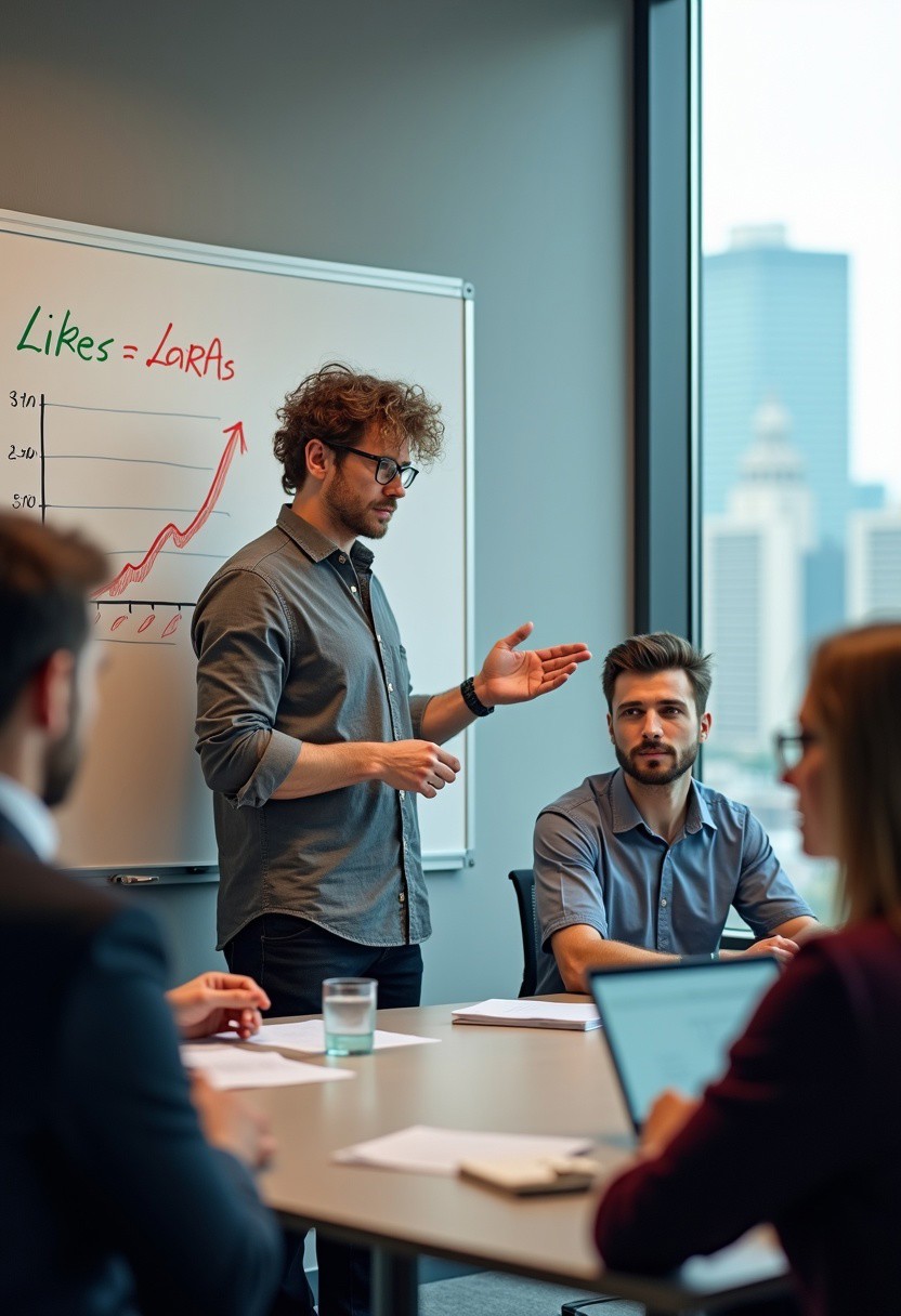 The scene is a realistic interior photo of a corporate conference room in a high-rise building, with a cityscape outside the window in the background on the right. The focus of the scene is a man with a serious expression who is standing next to a white board and gesturing to a graph written in red marker, with the text “Likes = LoRAs” written in green marker next to the chart. The man is dressed casually, with messy hair and horn-rimmed glasses. A diverse group of people wearing business attire sit around the conference room table. The man at the whiteboard is in focus, and the people in the foreground at the conference table are not in focus.