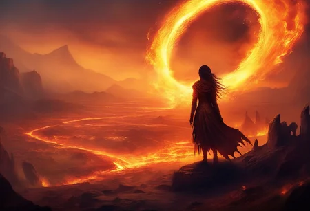 score_9, score_8_up, high quality, fire, 4k, fantasy setting, magic fire, 
massive, wide, scorched landscape littered with burned armor and weapons
kneeling in the middle of the wasteland is a, solo, silohuette of a tiny female sorceress with their hands held up to the sky with two concentric rings of fire above them destroying everything