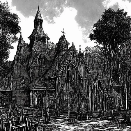 gothic abandoned castle scenery, skeletons on the wooden crosses as a fence, sharp focus, 4k, art by art by EMB_rfktrbwmnga-14500