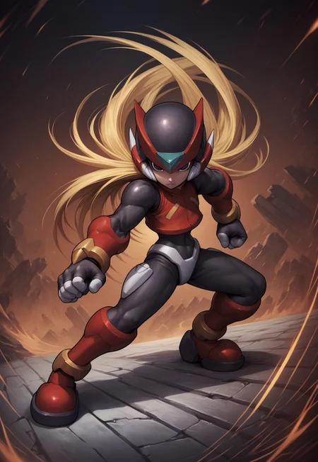 safe_pos, score_9, score_8_up, score_7_up, detailed, zerommz, solo, full body, 1boy, helmet, blonde hair, long hair, crop top, black eyes, gauntlets, crotch plate, boots, fighting stance, BREAK, science fiction
