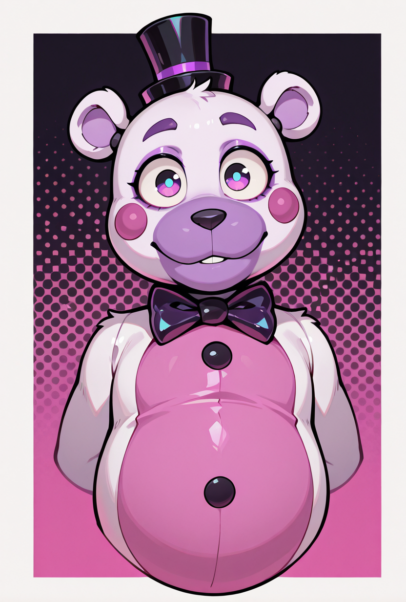 <lora:helpi-09:1> helpi, solo, top hat, bowtie, animal ears, mini hat, furry, pink belly.  teddy, masterpiece, best quality, amazing quality, very aesthetic, absurdres, newest,, upper body, halftone effect, white borders, abstract background:1.2,