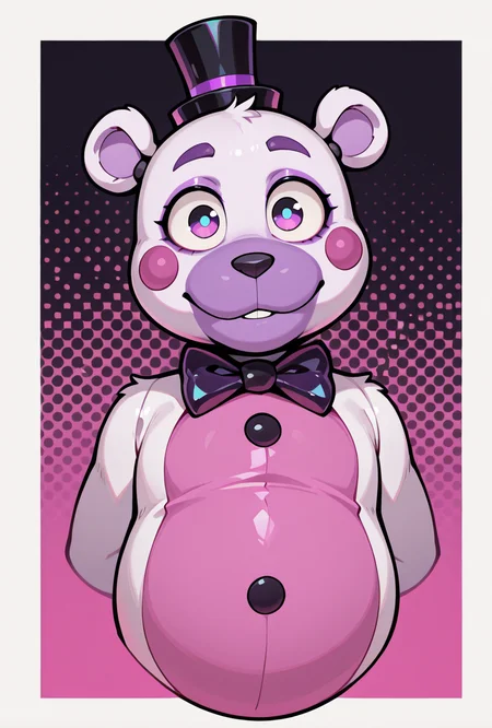<lora:helpi-09:1> helpi, solo, top hat, bowtie, animal ears, mini hat, furry, pink belly.  teddy, masterpiece, best quality, amazing quality, very aesthetic, absurdres, newest,, upper body, halftone effect, white borders, abstract background:1.2,