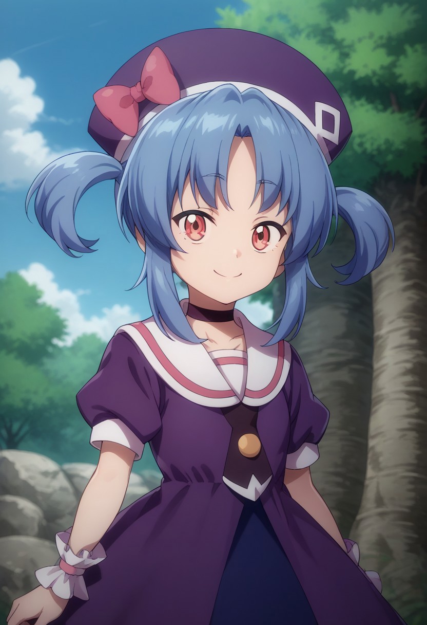 score_9, score_8_up, score_7_up, source_anime, highly detailed, 
kurobane, 1girl, solo, dress, twintails, blue hair, hat, red eyes, white sailor collar, puffy sleeves,
short sleeves, puffy short sleeves, smile, closed mouth, parted bangs,
purple dress, wrist cuffs, frilled dress, bangs, bow, sailor collar, frills, standing,
looking at viewer, choker, hat bow, upper body,
outdoor, sky, tree, cloud